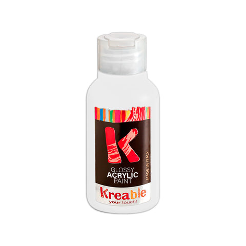 White acrylic paint bottle. Kreable acrylics are produced in Italy, near Venice, Pasuto Srl.