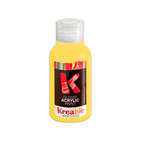 yellow acrylic paint bottle. Kreable acrylics are produced in Italy, near Venice, Pasuto Srl.