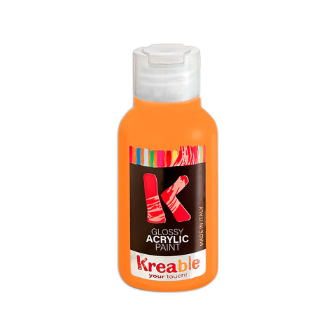 orange acrylic paint bottle. Kreable acrylics are produced in Italy, near Venice, Pasuto Srl.