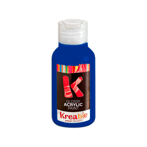 italian blue acrylic paint bottle. Kreable acrylics are produced in Italy, near Venice, Pasuto Srl.