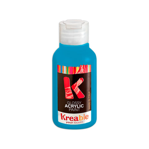 italian blue acrylic paint bottle. Kreable acrylics are produced in Italy, near Venice, Pasuto Srl.