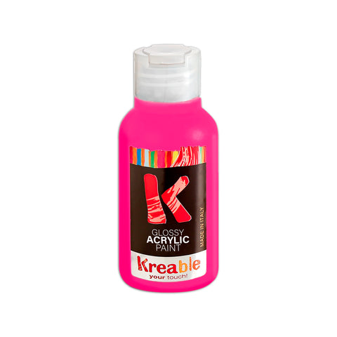 italian neon pink acrylic paint bottle. Kreable acrylics are produced in Italy, near Venice, Pasuto Srl.
