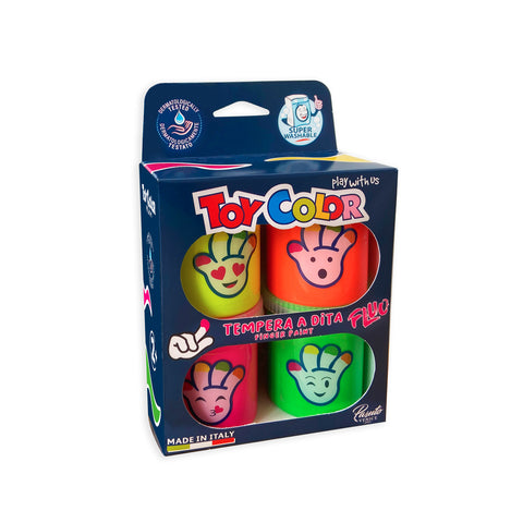 box with italian finger paint in neon colors: safe for kids, dermatologically tested, super washable by hands and most fabrics, suitable for children from 2 years of age. Toy Color and Kreable colours are produced in Italy, in our factory near Venice, Pasuto Srl, the Italian colour factory.