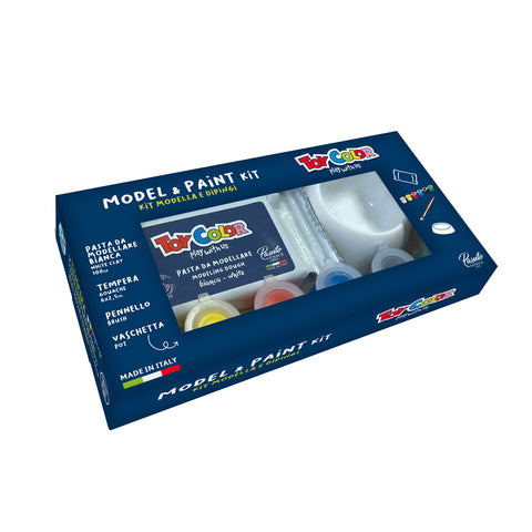 Kit model e paint with white clay, tempera, brush and pot. Toy Color and Kreable clay is produced in Italy, near Venice, in Pasuto Srl, the Italian factory of colors.
