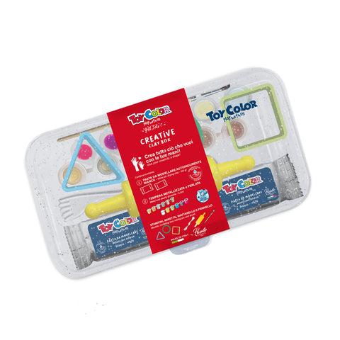 Box with white clay, 2 string, brush, a set of molds, a modeling tool and a rolling pin. Toy Color and Kreable colours are produced in Italy, in our factory located near Venice, Pasuto Srl.