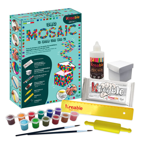 Make your mosaic tiles with clay paint them up and use them for creative decorations. Toy Color and Kreable are produced in Italy, in our factory near Venice, Pasuto Srl, the Italian factory of colors.